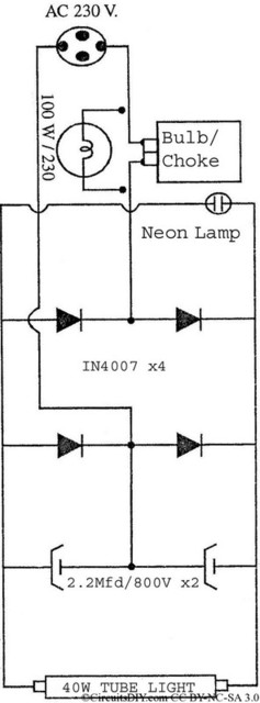 electronic choke circuit for broken filament tube