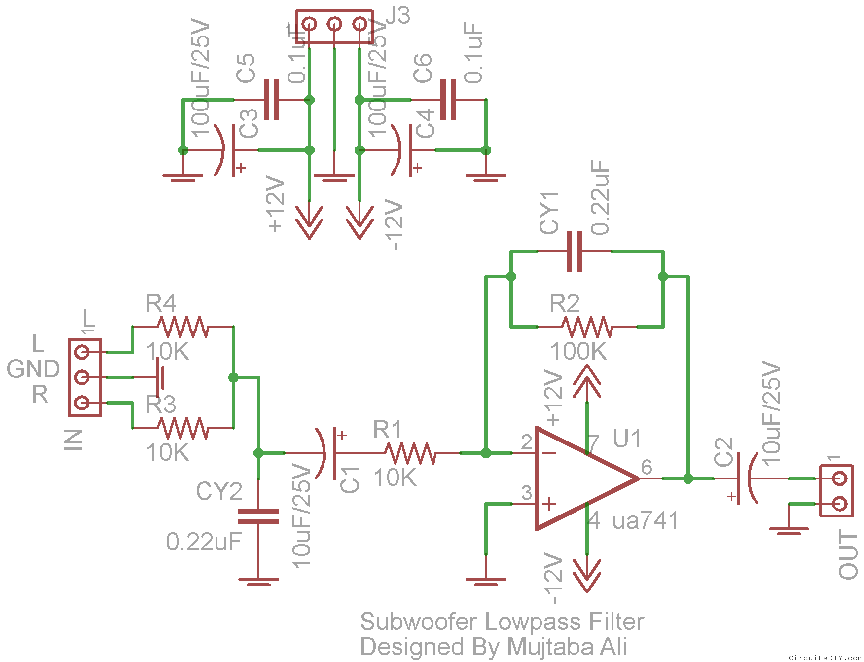 Subwoofer Lowpass Filter circuit using uA741 Single Op-Amp Ic